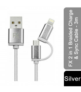 FX 2 in 1 Braided Charge & Sync Cable - 3m : Silver