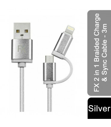 FX 2 in 1 Braided Charge & Sync Cable - 3m : Silver