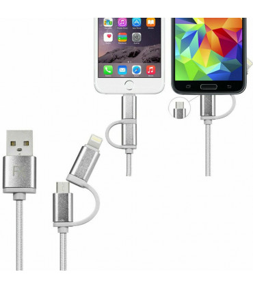FX 2 in 1 Braided Charge & Sync Cable - 3m : Silver