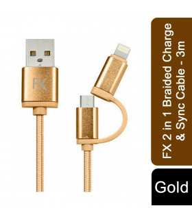 FX 2 in 1 Braided Charge & Sync Cable - 3m : Gold