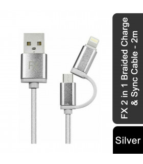FX 2 in 1 Braided Charge & Sync Cable - 2m : Silver
