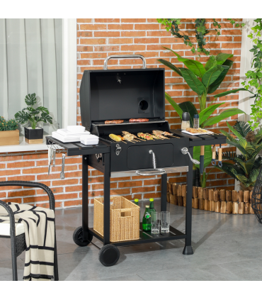 Charcoal BBQ Grill Smoker Trolley with Shelves, Bottle Opener and Wheels
