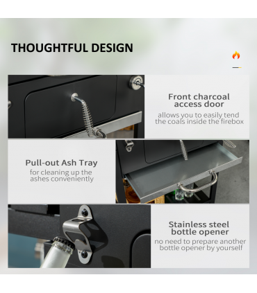 Charcoal BBQ Grill Smoker Trolley with Shelves, Bottle Opener and Wheels