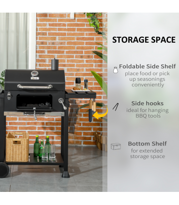 Charcoal BBQ Grill Smoker Trolley with Shelves, Bottle Opener and Wheels