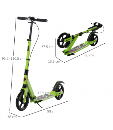HOMCOM Teens Adult Kick Scooter Fold Adjust 14+ w/ Dual Brake System Green