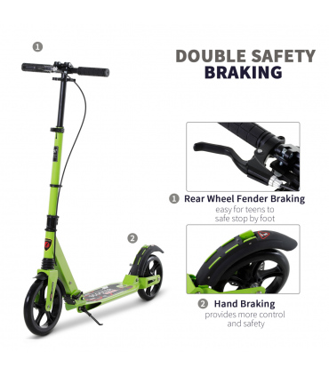 HOMCOM Teens Adult Kick Scooter Fold Adjust 14+ w/ Dual Brake System Green