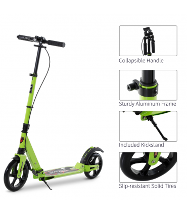 HOMCOM Teens Adult Kick Scooter Fold Adjust 14+ w/ Dual Brake System Green