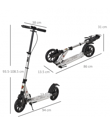 HOMCOM Adult Teens Kick Scooter Fold Adjust 14+ w/ Rear Wheel&Hand Brake Silver