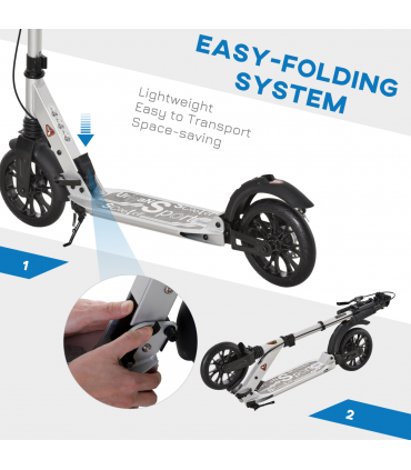 HOMCOM Adult Teens Kick Scooter Fold Adjust 14+ w/ Rear Wheel&Hand Brake Silver