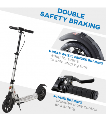 HOMCOM Adult Teens Kick Scooter Fold Adjust 14+ w/ Rear Wheel&Hand Brake Silver