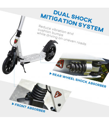 HOMCOM Adult Teens Kick Scooter Fold Adjust 14+ w/ Rear Wheel&Hand Brake Silver