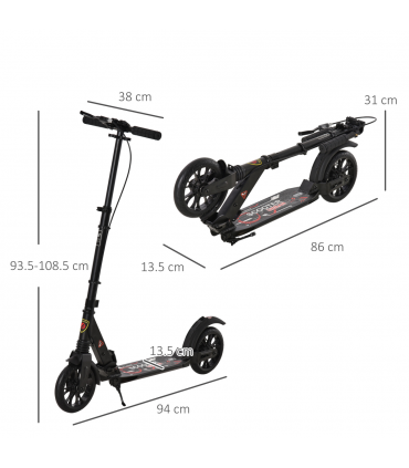 HOMCOM Adult Teens Kick Scooter Fold Adjust 14+ w/ Rear Wheel&Hand Brake Black
