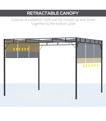 3x3m Steel Pergola Gazebo Garden Retractable Roof Canopy Dark Grey