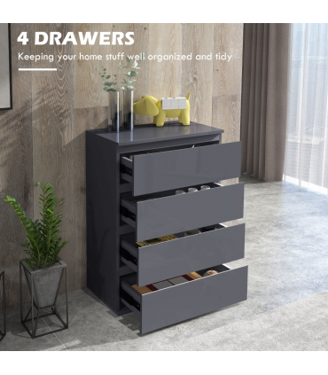 HOMCOM Bedroom Chest of Drawers, High Gloss 4 Drawers Dresser, Drawer Unit