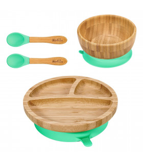 VINSANI BAMBOO BOWL, ROUND PLATE & SPOON SET GREEN 0000244