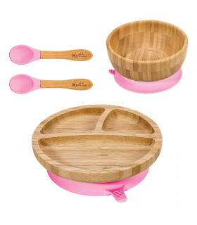 VINSANI BAMBOO BOWL, ROUND PLATE & SPOON SET PINK 0000243