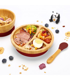 VINSANI BAMBOO BOWL, ROUND PLATE & SPOON SET RED 0000247