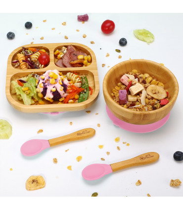 VINSANI BAMBOO BOWL, SQUARE PLATE & SPOON SET PINK 0000248