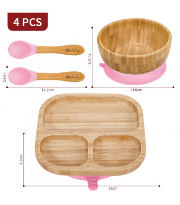 VINSANI BAMBOO BOWL, SQUARE PLATE & SPOON SET PINK 0000248
