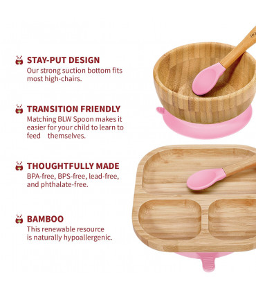 VINSANI BAMBOO BOWL, SQUARE PLATE & SPOON SET PINK 0000248
