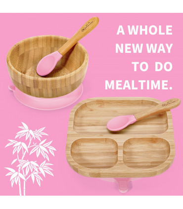 VINSANI BAMBOO BOWL, SQUARE PLATE & SPOON SET PINK 0000248