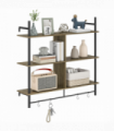 HOMCOM Wall Shelf Unit with 4 Hooks for Living Room Grey Wood Effect
