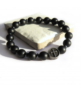 Men's Black Agate & Cross Bracelet