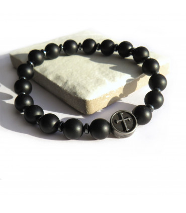 Men's Black Agate & Cross Bracelet
