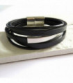 Men's Black Leather Bar Bracelet