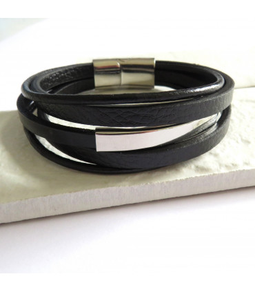 Men's Black Leather Bar Bracelet - Fashion Accessory