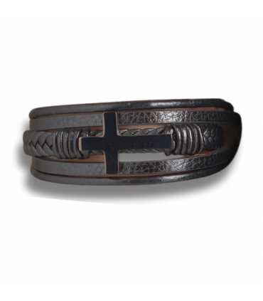 Men's Black Leather Cross Bracelet