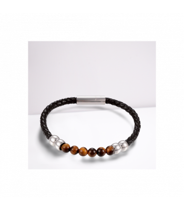 Men's Tigers Eye Leather Bracelet Brown 21cm 8.5 inches Bead size 6.5mm