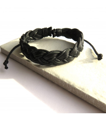 Mens Black Pleated Leather Bracelet