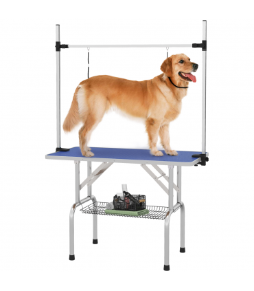 Metal Adjustable Dog Grooming Table Rubber Top 2 Safety Slings Mesh  Pawhut