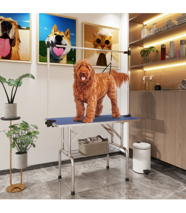 Metal Adjustable Dog Grooming Table Rubber Top 2 Safety Slings Mesh  Pawhut