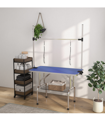 Metal Adjustable Dog Grooming Table Rubber Top 2 Safety Slings Mesh  Pawhut