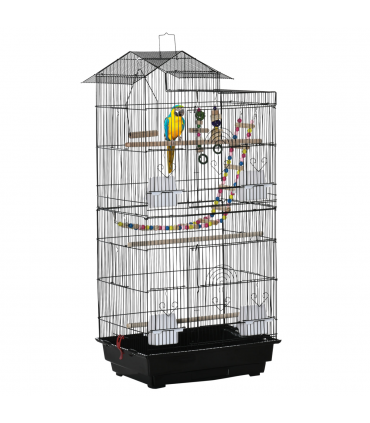 Metal Bird Cage for Budgies, Finches w/ Accessories, Toys, Tray, Handle - Black