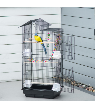 Metal Bird Cage for Budgies, Finches w/ Accessories, Toys, Tray, Handle - Black