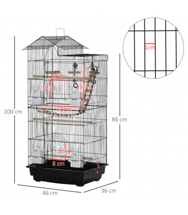 Metal Bird Cage for Budgies, Finches w/ Accessories, Toys, Tray, Handle - Black