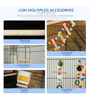 Metal Bird Cage for Budgies, Finches w/ Accessories, Toys, Tray, Handle - Black