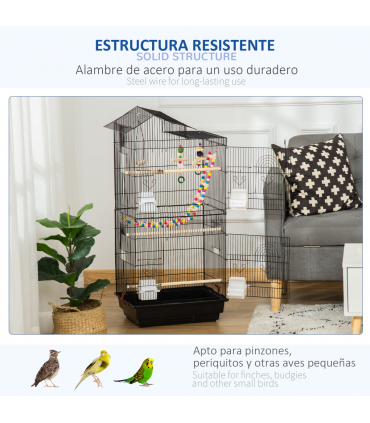 Metal Bird Cage for Budgies, Finches w/ Accessories, Toys, Tray, Handle - Black