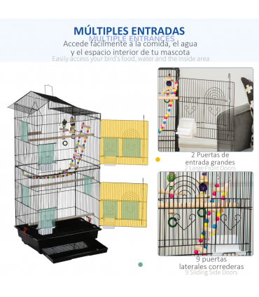 Metal Bird Cage for Budgies, Finches w/ Accessories, Toys, Tray, Handle - Black