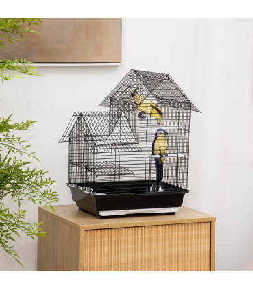 Bird Cage - Black Steel Plastic 39L x 33W x 47H cm Metal Bird w/ Plastic Perch