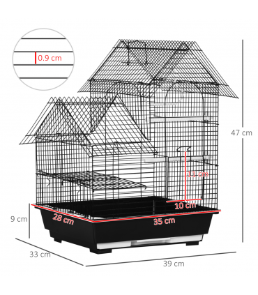 Bird Cage - Black Steel Plastic 39L x 33W x 47H cm Metal Bird w/ Plastic Perch