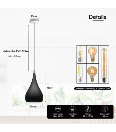 Metal E27 Black Teardrop Pendant Light Modern Industrial Hanging Light Fixture 