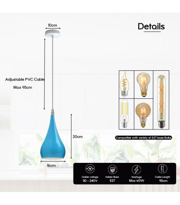 Teardrop Pendant Light Blue Metal E27 Modern Industrial Hanging Fixture