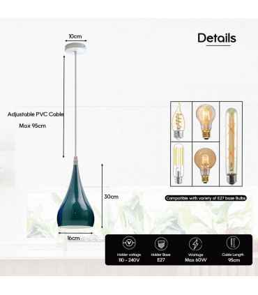Teardrop Shaped Pendant Light Cyan Blue Metal E27 Modern Industrial 60W Bulb