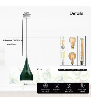 Teardrop Pendant Light Modern Industrial Hanging Fixture Metal E27 Green