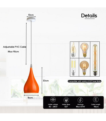 Ceiling Lamp Shade Metal E27 Orange Teardrop Pendant Light 40x30x30 cm