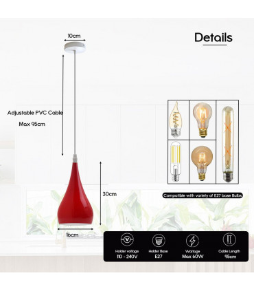 Metal E27 Red  Teardrop Pendant Light Modern Industrial Hanging Light Fixture 